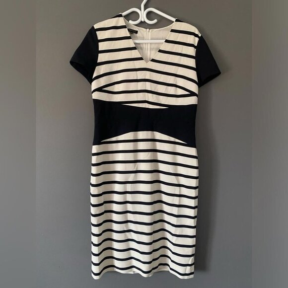 Escada Striped Sheath Dress Size 40 Monochrome Career Minimalist Office Look - Picture 1 of 14